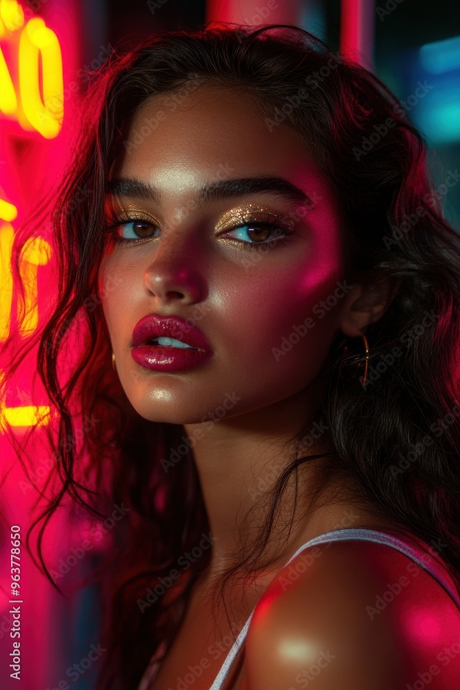 Vibrant Portrait with Bold Makeup and Neon Lights Vibrant Portrait with Bold Makeup and Neon Lights