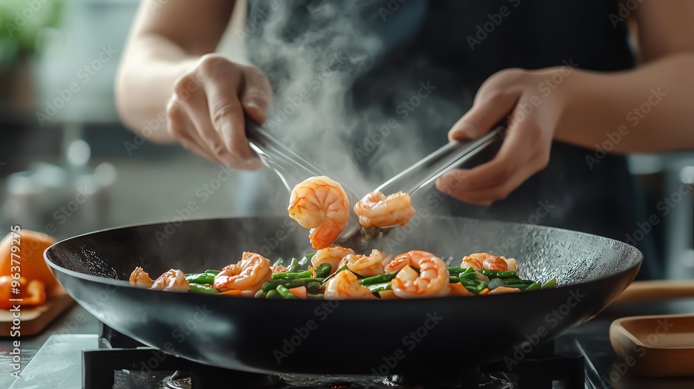 A chef skillfully cooking shrimp and vegetables in a sizzling wok, showcasing culinary art and vibrant flavors. A chef skillfully cooking shrimp and vegetables in a sizzling wok, showcasing culinary art and vibrant flavors.