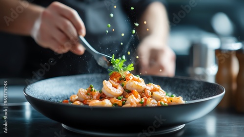 A chef meticulously garnishing a delectable shrimp dish, showcasing culinary artistry and vibrant flavors in an elegant presentation.