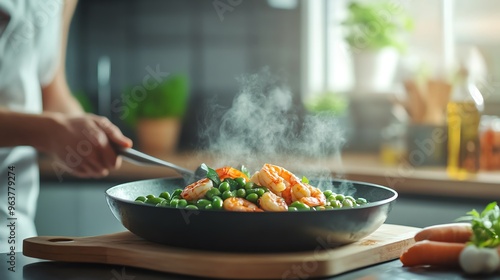 A chef skillfully cooking vegetables in a pan, with steam rising, creating an inviting kitchen atmosphere. photo