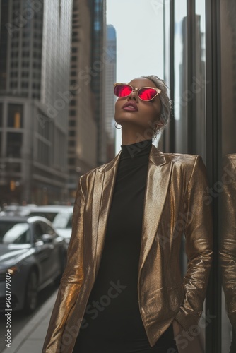 Chic Street Style: Gold Blazer and Pink Sunglasses