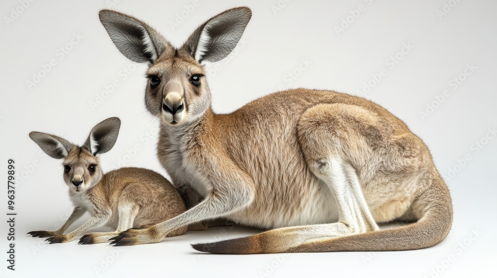 A kangaroo with its joey comfortably nestled in its pouch on a white background A kangaroo with its joey comfortably nestled in its pouch on a white background