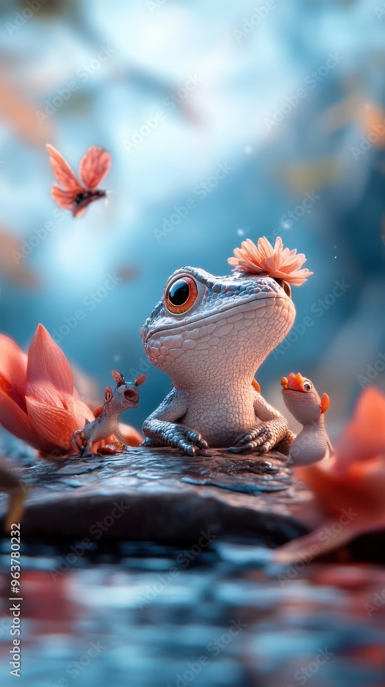 Fototapeta premium A lizard singing joyfully with jungle creatures in a lively scene.