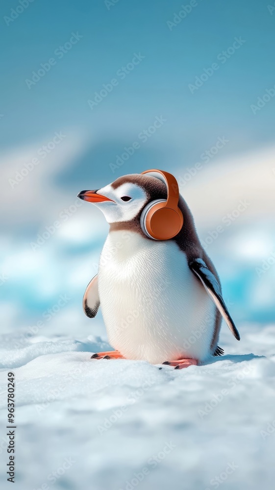 Fototapeta premium A penguin enjoying music with tiny headphones while waddling on ice.