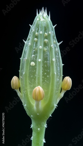 Close-up of a Green Spiky Plant Bud with Yellow Flower Buds photo