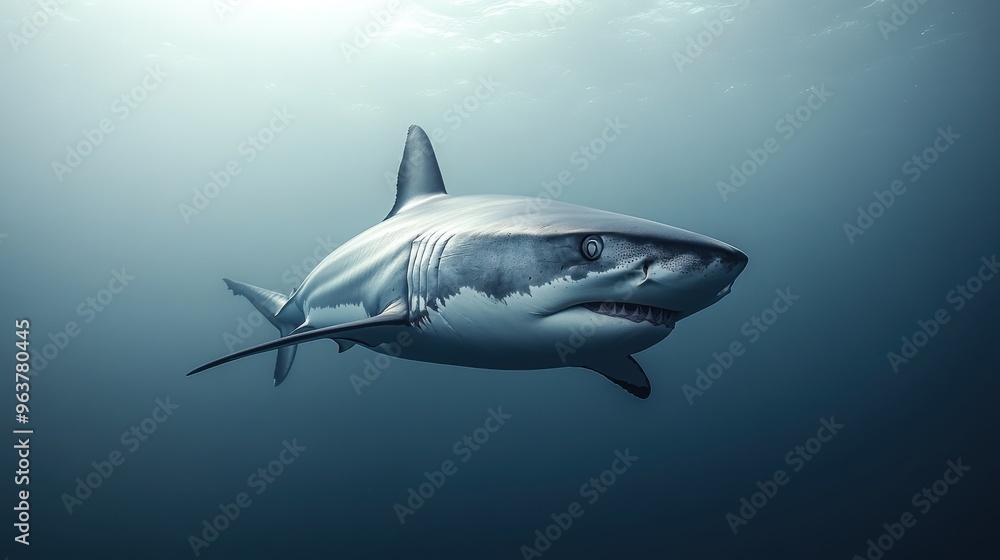 Fototapeta premium A shark isolated on a pristine white backdrop, emphasizing its size and form