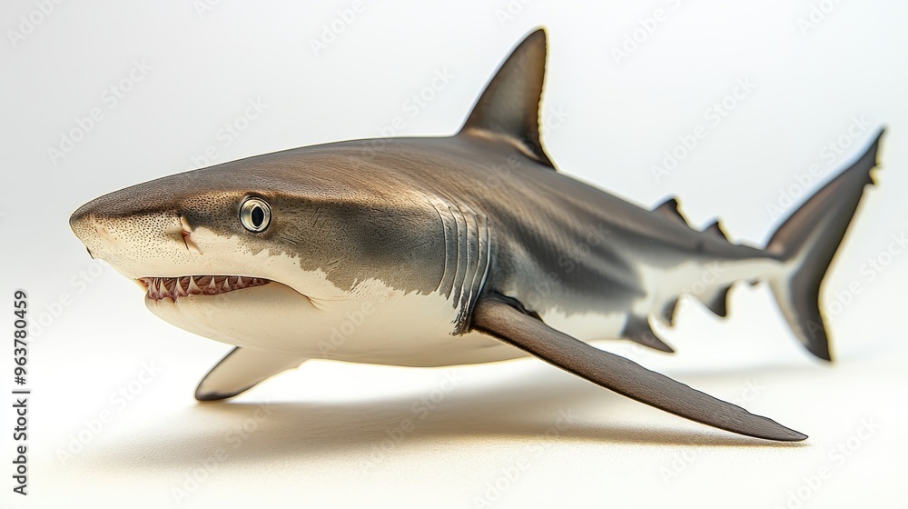 Obraz premium A shark isolated on a pristine white backdrop, emphasizing its size and form