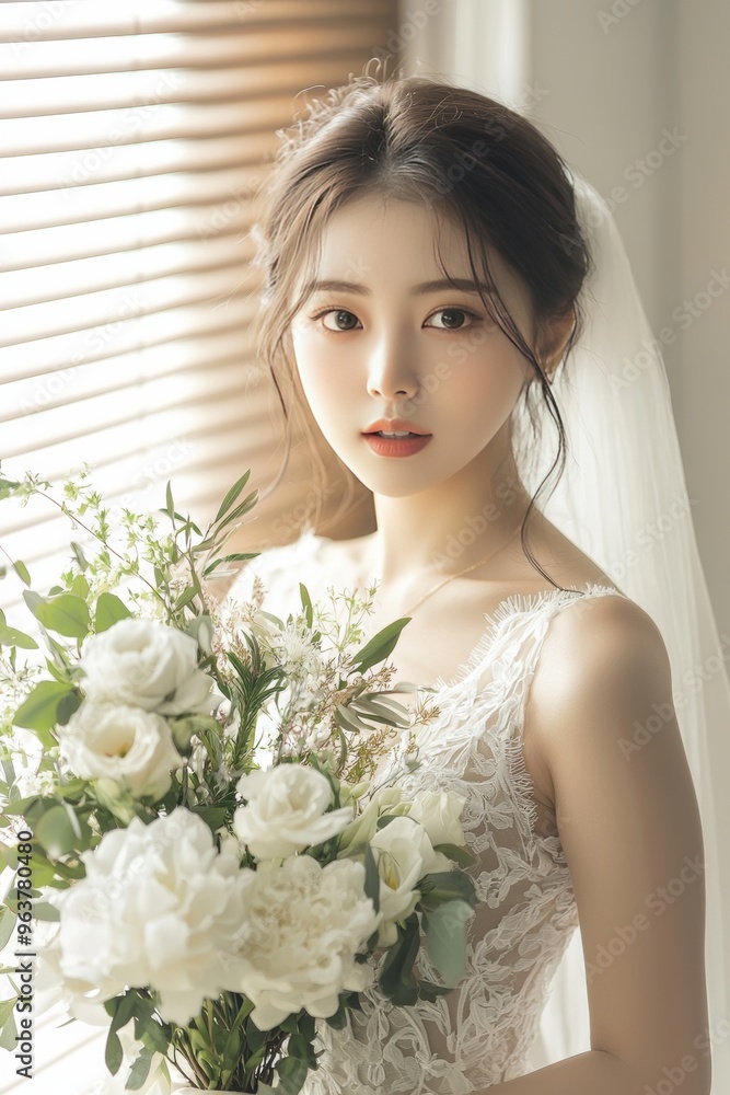 young beautiful korean bride standing with white tendet flower bouquet near the window with wooden blinds On neutral pastel studio background young beautiful korean bride standing with white tendet flower bouquet near the window with wooden blinds On neutral pastel studio background