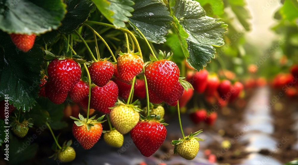 Fresh Red Strawberries Growing On Plant Vine Fresh Red Strawberries Growing On Plant Vine