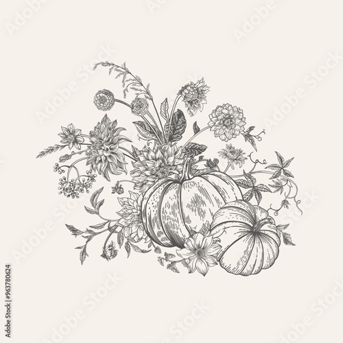 Composition with pumpkins and flowers. Vector botanical illustration. Thanksgiving day card. Black and white
