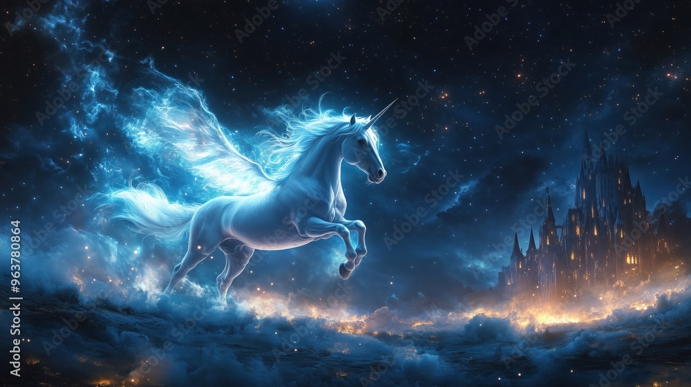 Ghost unicorn with translucent wings flying over a haunted castle under ...