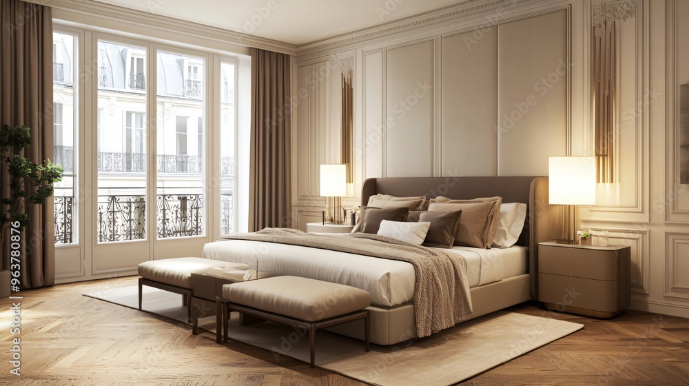 Fototapeta premium Luxurious Parisian Bedroom Interior Design with Modern Furniture