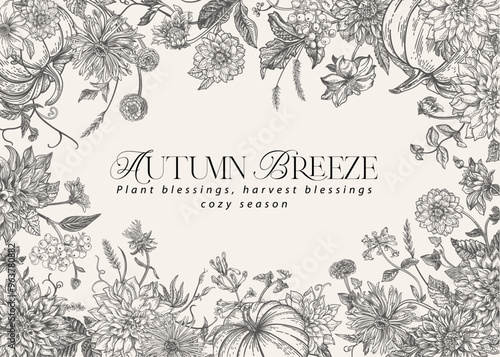 Floral frame with fall plants and vegetables. Harvest. Engraved style. Vintage. Autumn flowers.  Black and White