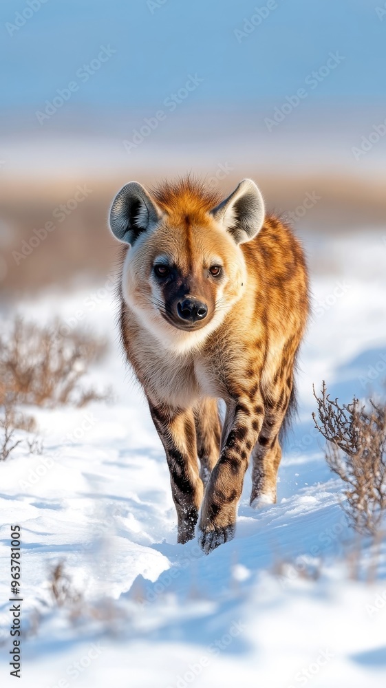 Fototapeta premium Hyena trudging through a snow-covered landscape, thick fur against the cold, with the winter wilderness surrounding it.