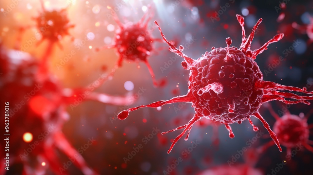 Close-up view of red, spiky virus cells, illustrating viral infection and disease transmission in a bright and abstract background. Close-up view of red, spiky virus cells, illustrating viral infection and disease transmission in a bright and abstract background.