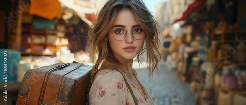 Young Woman in Rustic Market Setting with Minimal Makeup and Tattooed Arm. photo