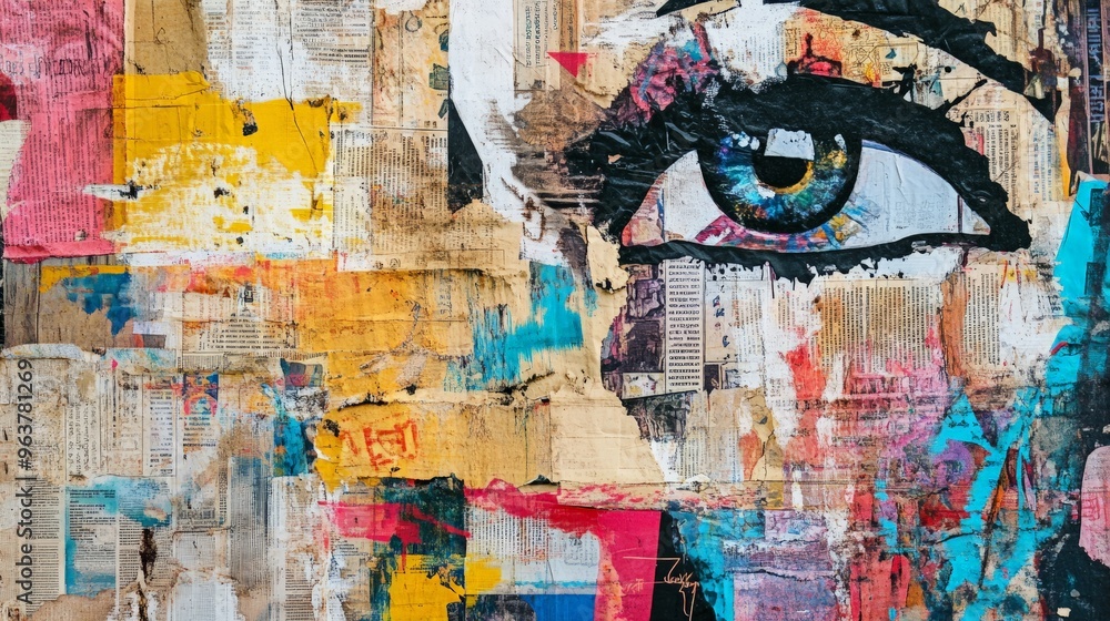 Obraz premium Colorful abstract artwork featuring a detailed eye. Creative mix of vibrant hues and textures in contemporary street art style.