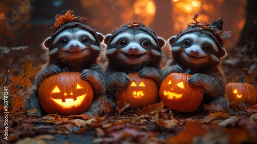 Sloths in vampire costumes, lounging in a foggy graveyard with glowing pumpkins, copy space for stock photo with minimal concept, No logo, No Trademark, No text