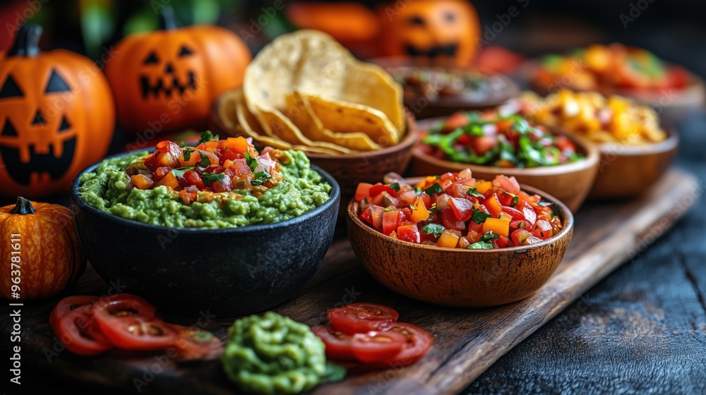Spooky taco bar with jack-o-lantern guacamole bowls and bat-shaped taco shells, copy space for stock photo with minimal concept, No logo, No Trademark, No text Spooky taco bar with jack-o-lantern guacamole bowls and bat-shaped taco shells, copy space for stock photo with minimal concept, No logo, No Trademark, No text