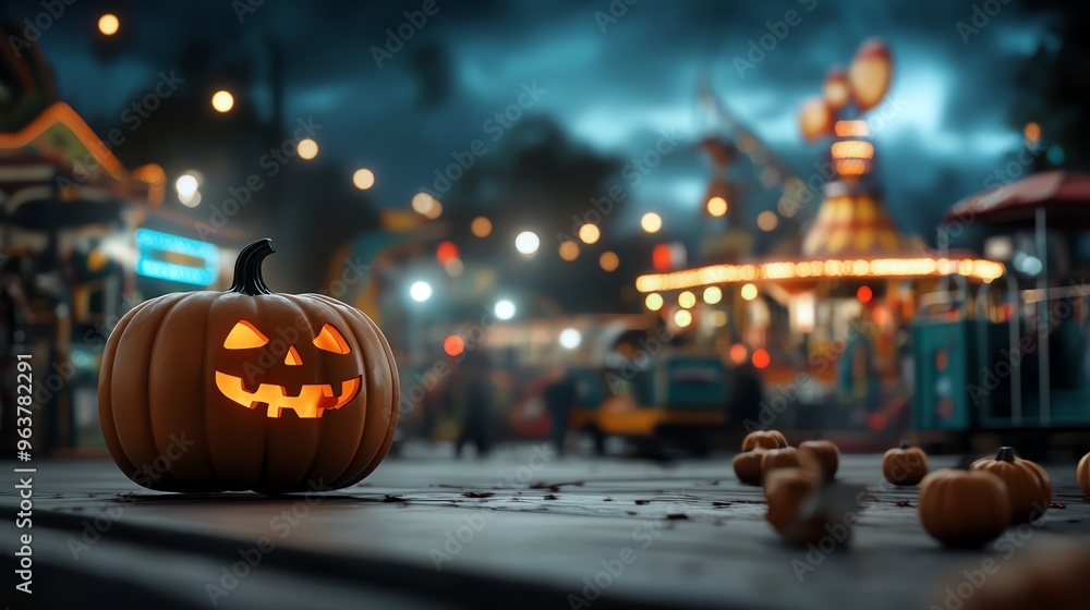 Fototapeta premium A glowing jack-o'-lantern sits on a festive carnival ground, illuminated by colorful lights under a moody, twilight sky.