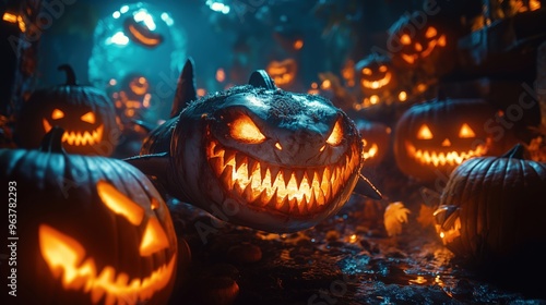 Sharks dressed in spooky costumes, swimming through a haunted underwater cave filled with glowing pumpkins, copy space for stock photo with minimal concept, No logo, No Trademark, No text