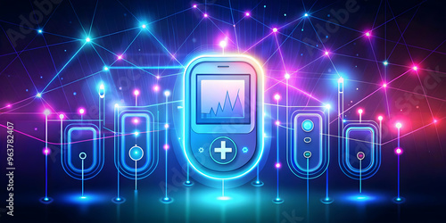 Wallpaper Mural Flat Neon Abstract Digital Art of Diabetes Care Gadgets: CGM Device, Insulin Pump & Glucose Meter in a Dynamic Holographic Glow for World Diabetes Day Torontodigital.ca