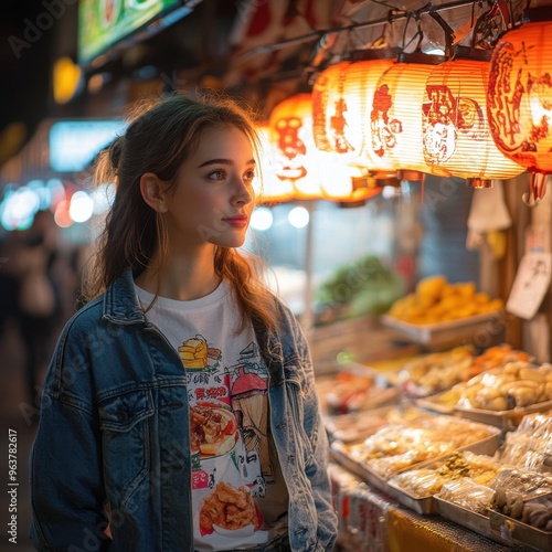 Urban Nightlife: Street Food Stall Scene with Vibrant Lights and Young Woman. photo