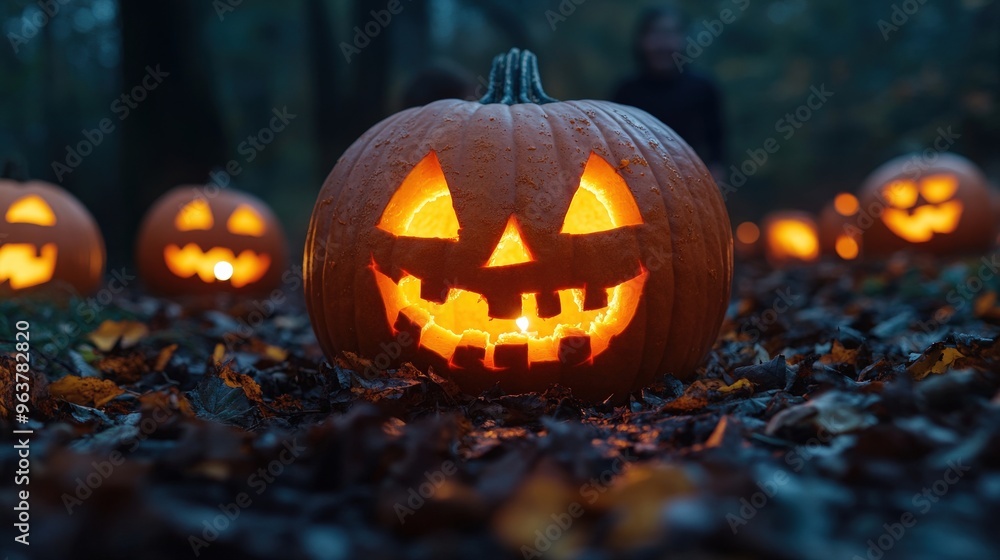 Excited kids finishing their pumpkin carvings in a spooky outdoor setup, evening atmosphere, copy space for stock photo with minimal concept, No logo, No Trademark, No text Excited kids finishing their pumpkin carvings in a spooky outdoor setup, evening atmosphere, copy space for stock photo with minimal concept, No logo, No Trademark, No text