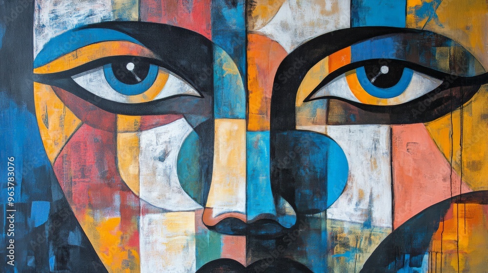 Colorful abstract painting of a face with vibrant geometric patterns and expressive eyes, creating a visually striking and modern art piece. Colorful abstract painting of a face with vibrant geometric patterns and expressive eyes, creating a visually striking and modern art piece.
