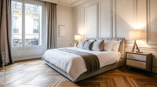 Parisian Chic Bedroom Interior Design with White Bed and Wooden Floor
