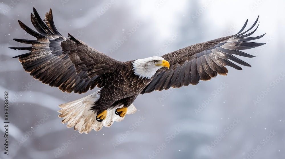 Fototapeta premium Bald eagle with a flag waving in the background, isolated on a smooth white background
