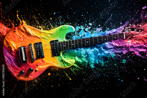 A vibrant electric guitar covered in rainbow paint splashes against a black background, showcasing the power and energy of music.