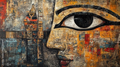 Colorful abstract painting of an Egyptian eye and hieroglyphics, full of vibrant textures and cultural elements.