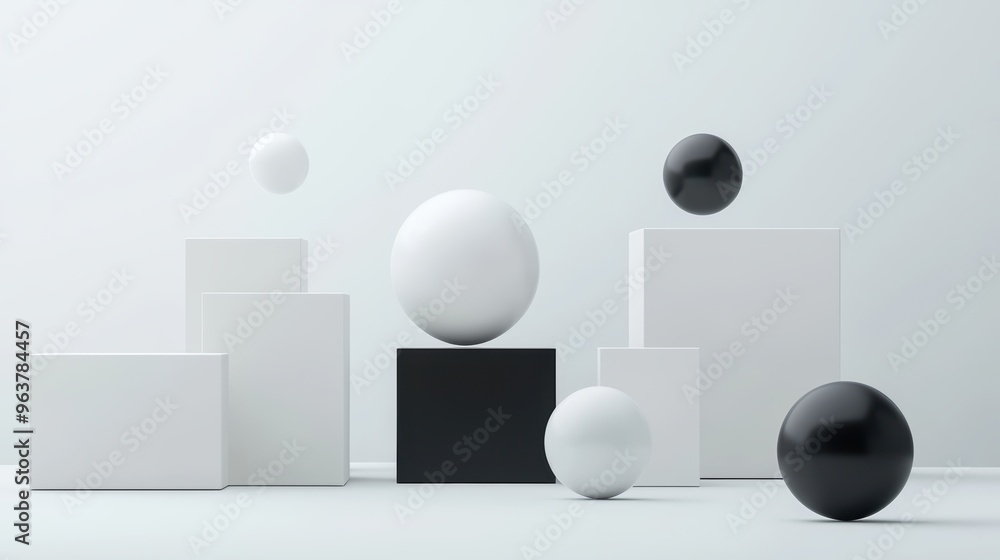 Minimalist Geometric Composition with Black and White Spheres and Cubes on a Light Background Minimalist Geometric Composition with Black and White Spheres and Cubes on a Light Background