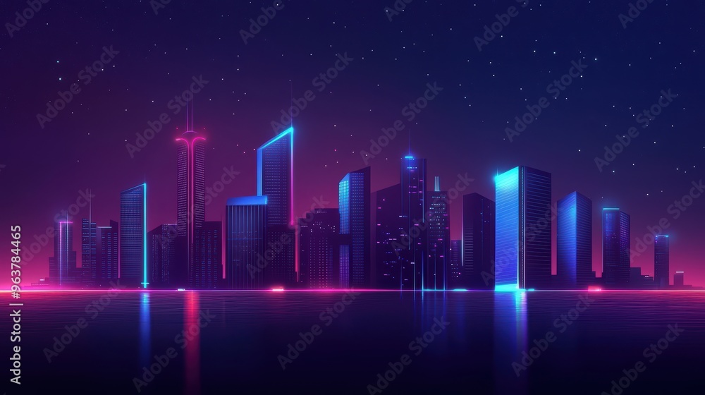 Futuristic Neon Cityscape at Night with Reflective Skyscrapers and Starry Sky Futuristic Neon Cityscape at Night with Reflective Skyscrapers and Starry Sky