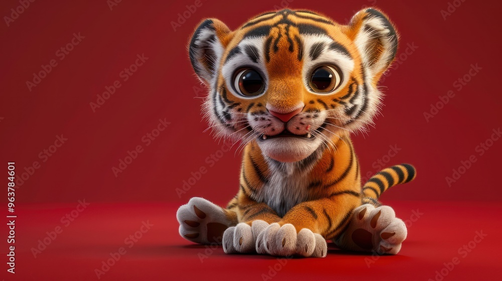 A cute, animated baby tiger with large eyes, sitting on a red background. A cute, animated baby tiger with large eyes, sitting on a red background.