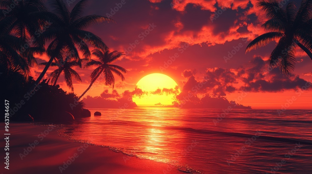 Tranquil Beach Sunset at Dusk: Warm Glows Over Deserted Shoreline with Palm Trees and Coastal Buildings in Silhouette. Tranquil Beach Sunset at Dusk: Warm Glows Over Deserted Shoreline with Palm Trees and Coastal Buildings in Silhouette.
