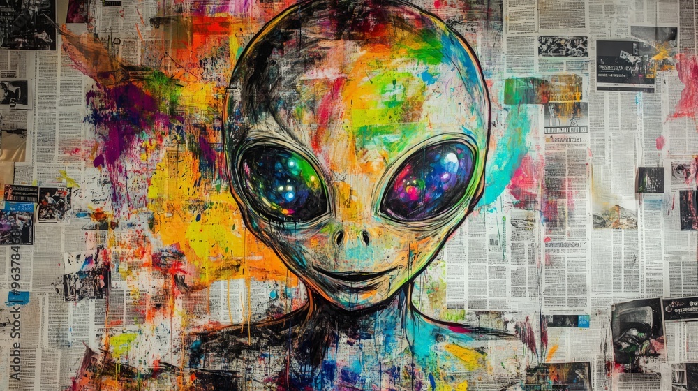 Colorful graffiti of an alien with big eyes on a newspaper background ...