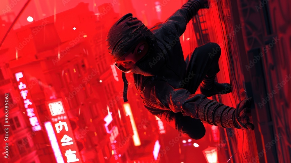 Obraz premium A ninja climbs a neon-lit cityscape, showcasing a dynamic urban environment.