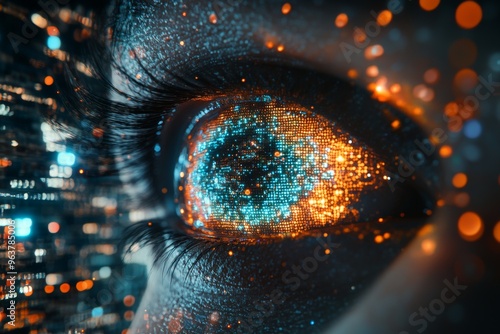 Iris pattern oculomotor and iridocorneal futuristic eye illuminated by orange embers symbolizing the power of digital vision technology and a conceptual fusion of energy and perception photo