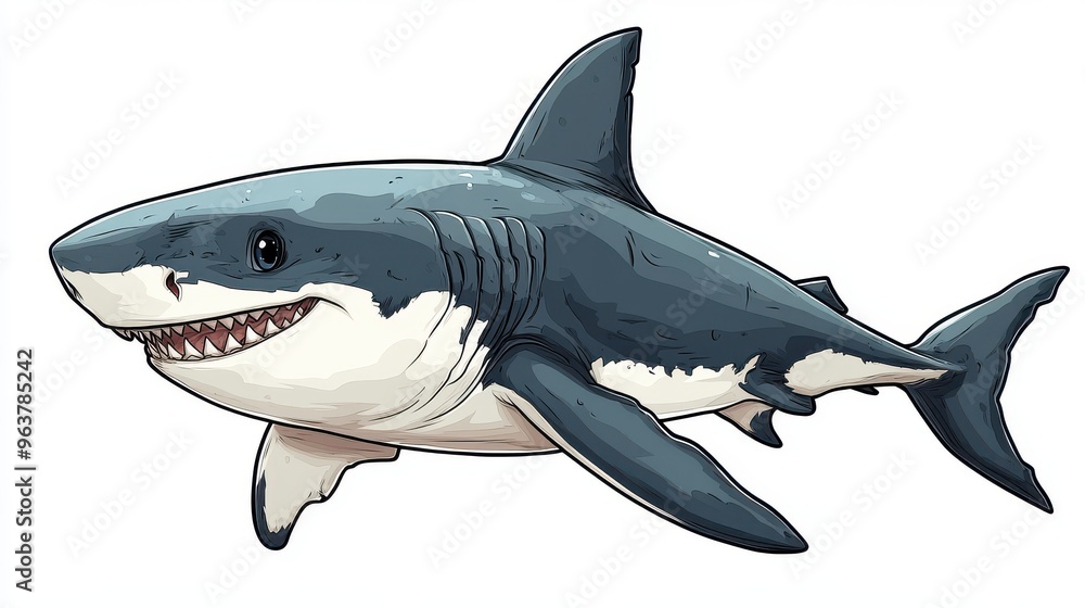 Fototapeta premium Cartoon shark smiling on white background