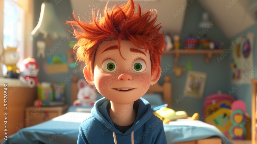 A cheerful animated boy with messy red hair sitting in a colorful bedroom. A cheerful animated boy with messy red hair sitting in a colorful bedroom.