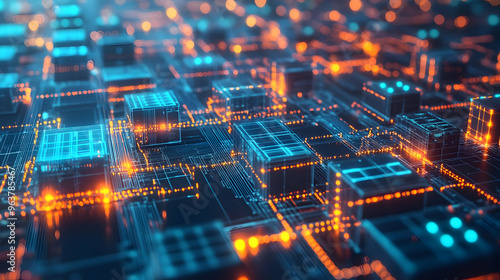 3D AI Enhanced Supply Chain Management: Abstract Glowing Background with Interconnected Lines and Data Nodes, Symbolizing AI Transformations and Cost-Effective Solutions - Isolated Icon on White