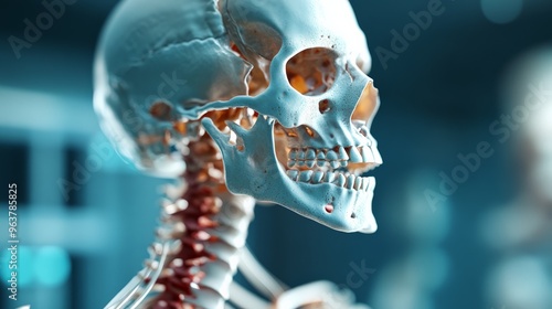 Detailed close-up of a human skeleton model side view, showcasing bone structure, medical anatomy, and educational purposes in a blurred background. photo