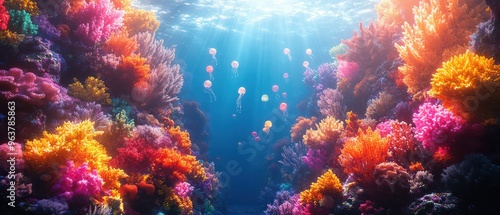 Vibrant Coral Reef Scene with Marine Life and Dolphin