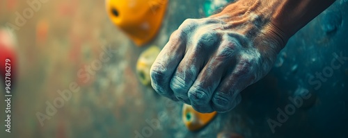 Close-up of a Chalk-Covered Hand on a Climbing Wall photo