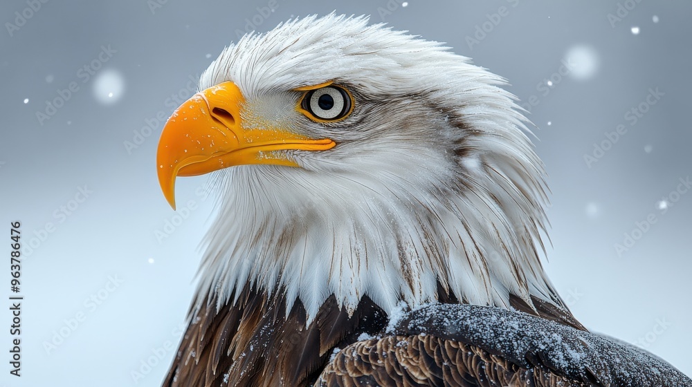 Close-up of a bald eagle perched on a clean white backdrop, emphasizing its detailed feathers Close-up of a bald eagle perched on a clean white backdrop, emphasizing its detailed feathers