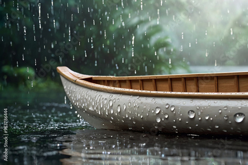 White Amazonian Canoe with Floating Raindrops in a Serene Rainforest Setting