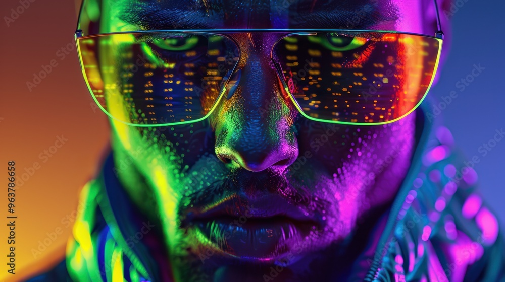 A close-up of a person with vibrant colors and patterns, showcasing a futuristic aesthetic. A close-up of a person with vibrant colors and patterns, showcasing a futuristic aesthetic.