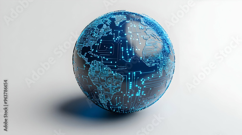 3D AI-Powered Globe with Circuitry Patterns and Coin Icon - Abstract Vector Displaying Global Impact of Technology and Cost Management on White Background